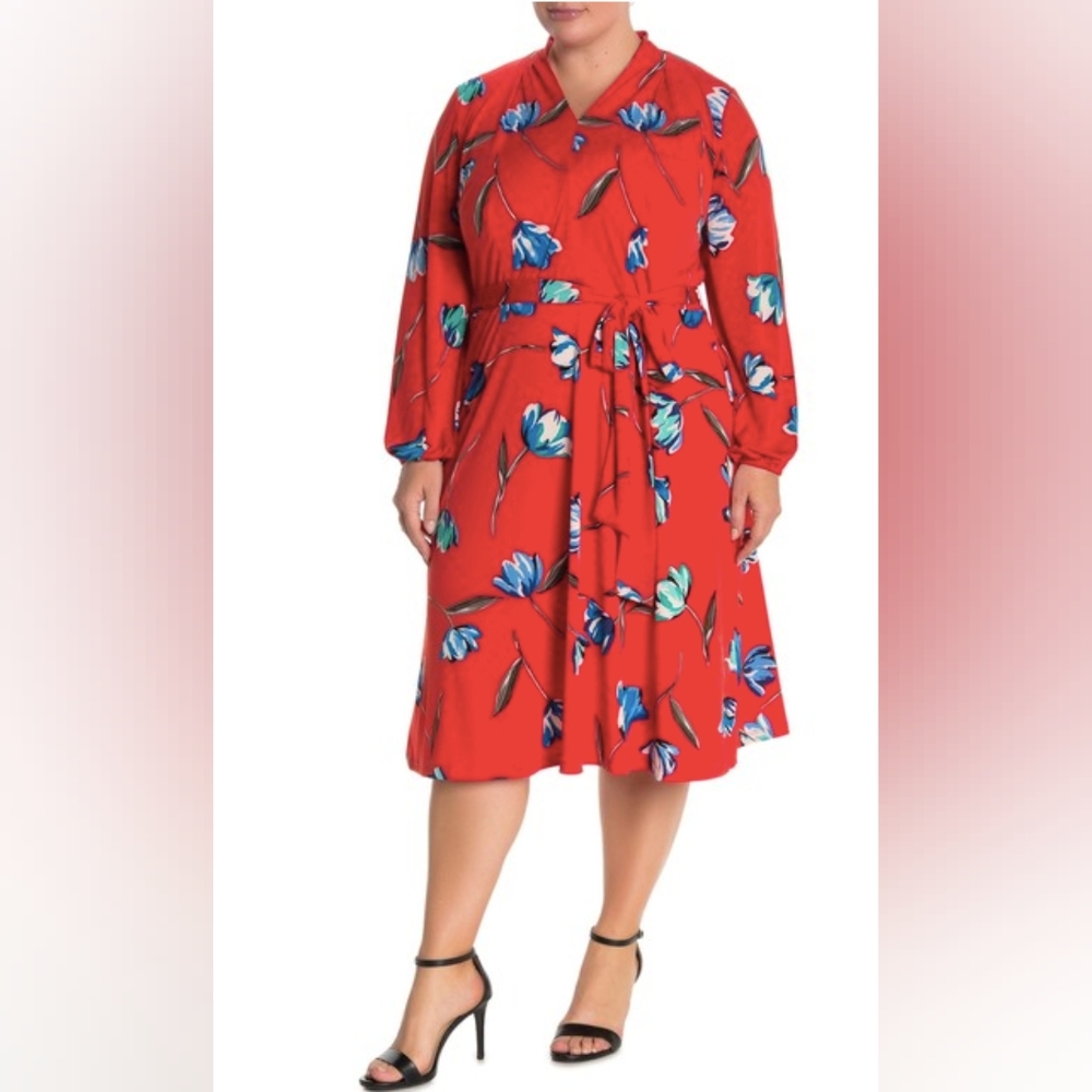 London Times Red Midi Fit and Flare Dress